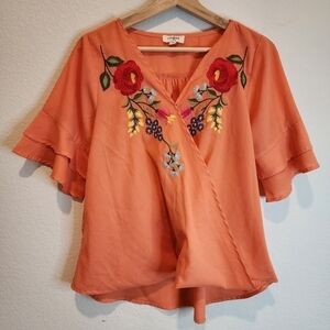 UMGEE Cantaloupe Orange Flowing Floral Embroidered Top size M